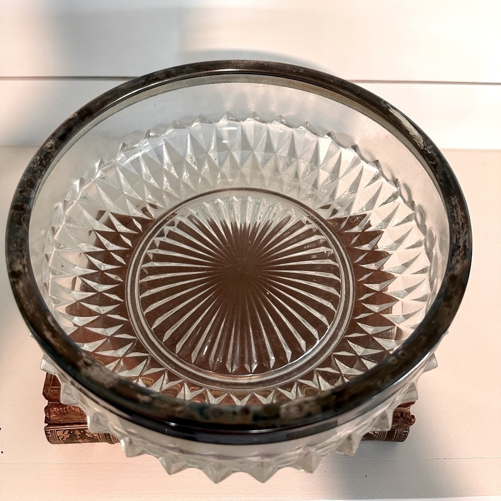 Vintage MCM Glass Salad Bowl w/Silver Rim Pressed Glass crystal Diamond Point